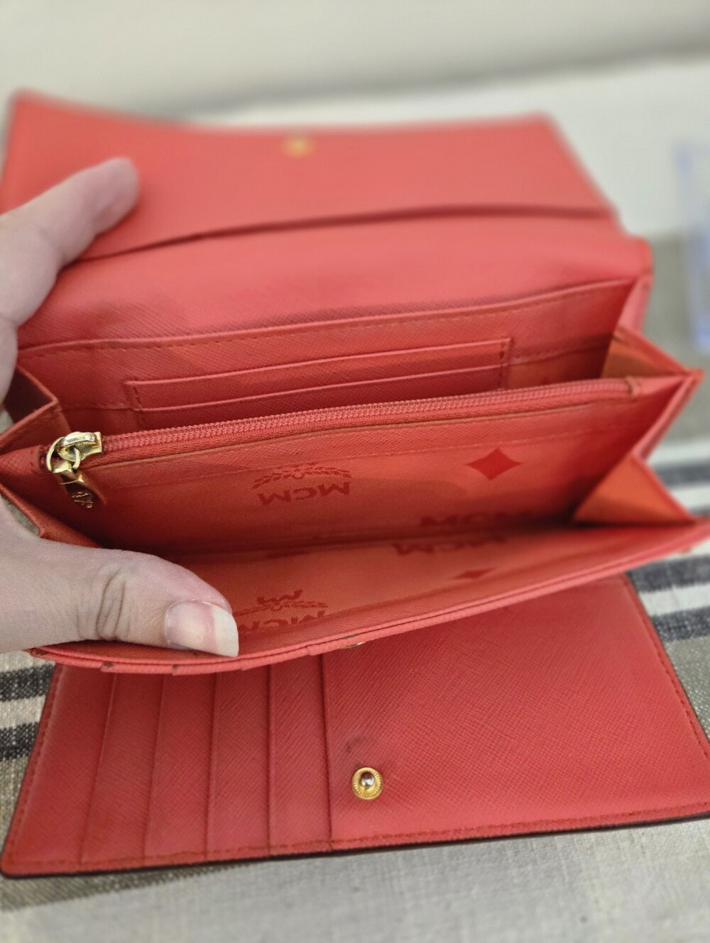 MCM Coral Red Embossed Leather Long Wallet with Gold Plate - Picture 12 of 16
